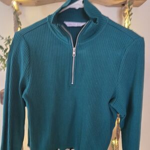 Teal Ribbed Half-Zip Sweater Top